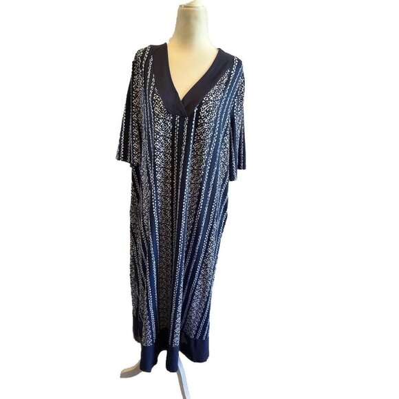 Cuddl Duds Sz Large Maxi Dress Navy Print Short Sleeve - Picture 1 of 9